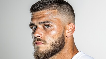 Male model showcasing a trendy haircut and beard against a neutral background in a studio setting