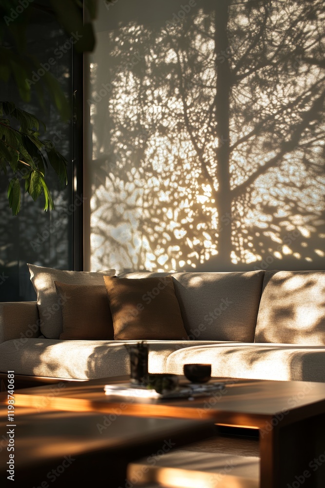 Poster a couch is sitting in front of a window with a tree outside. there are two pillows on the couch