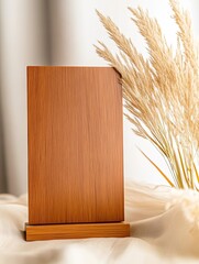 A wooden plaque stands beside dried grasses on a soft fabric backdrop.