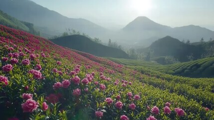 Obraz premium Serene Blossom Landscape with Majestic Mountains