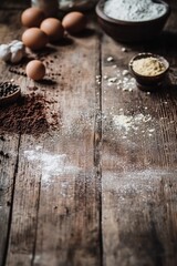 A rustic kitchen countertop set with raw ingredients including eggs, flour, cocoa, and garlic, ideal for baking and home cooking. Perfect for culinary themes.