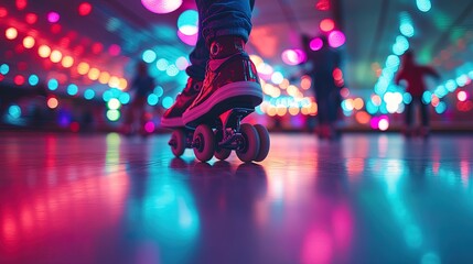 A retro roller skating rink with colorful lights, disco ball reflections, and skaters having fun