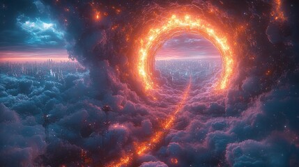 Obraz premium Fiery portal above futuristic city in cloudscape.