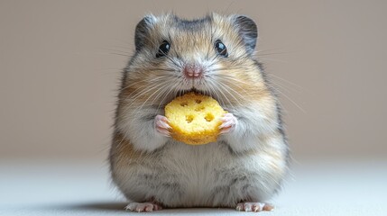 Cute hamster holding and eating a small cheese cracker.
