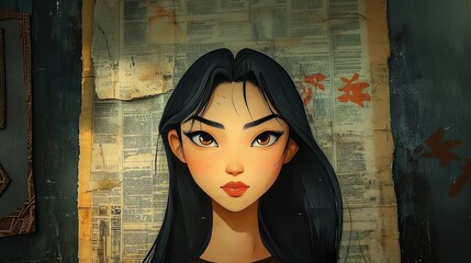 Fototapeta premium This digital portrait shows an anime style woman illustration. A captivating female character with expressive face and eyes. Urban background with texture and vintage style, suitable for editorial