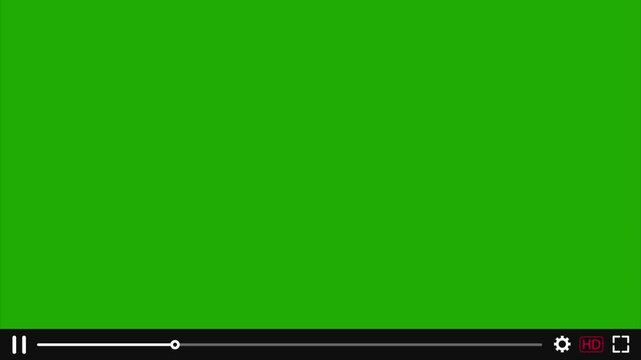 Media player interface overlay on green background. empty screen video player, 15 second blank screen video player