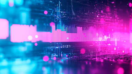 Obraz premium Holographic effects and glitches in neon tones create a cyberpunk-inspired background. Flow of digital data. Futuristic UI/UX, web design. Wide-format. Technology-driven visual. Generative Ai content