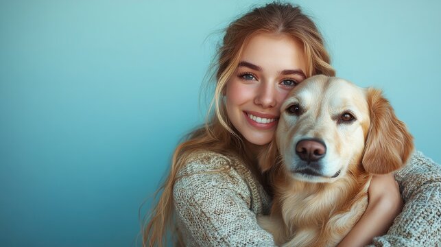 Young woman smiling while embracing a golden retriever against a light blue background