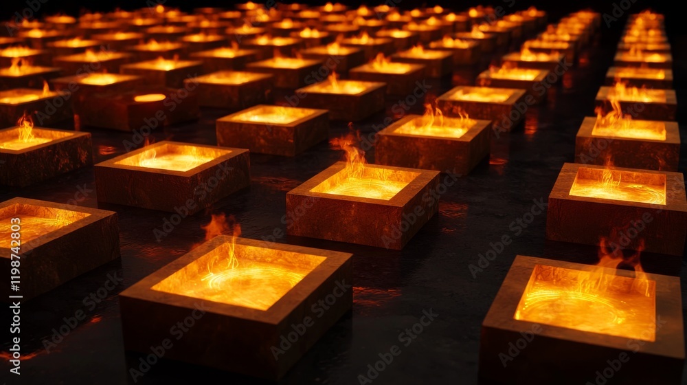 Poster abstract burning flames in square containers fiery glowing pattern dark background