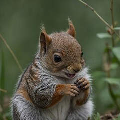 A baby squirrel holding its paws over its face, looking shy.