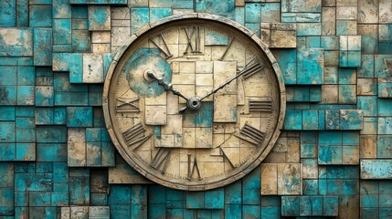 Antique Roman Numeral Clock on a Textured Teal and Beige Tile Wall