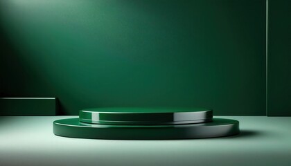 Minimalist Glossy Podium on Dark Green Background with Ample Copyspace