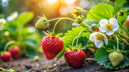 Spring Strawberry Blossom Close-up: Green Strawberries Growing on Bush in Village Garden