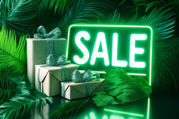 Gift boxes with ribbons and a green neon sale sign are displayed among tropical leaves, creating an enticing summer sale promotion