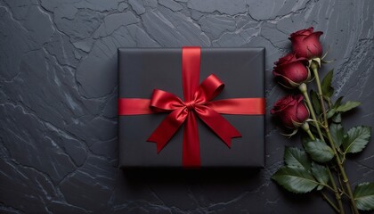 "A flat-lay composition of a sleek black gift box wrapped in a red satin ribbon, accompanied by three fresh, vibrant red roses arranged on a textured dark slate background. The setting exudes elegance