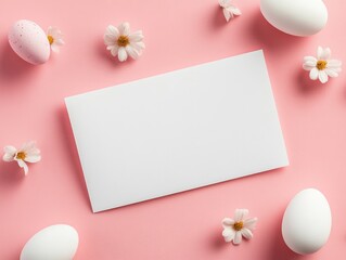 Elegant Easter greeting card design on light pastel background with flowers and eggs