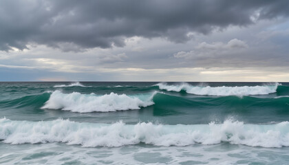Fototapeta premium Stormy coastline with crashing waves under dark clouds, capturing chaos and power