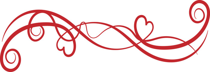 Red on white Squiggle and swirl line with a heart. Hand drawn calligraphic swirl design