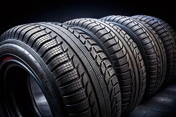 Obraz premium Stack of Black Tires on Black Background - Industrial Stock Photo