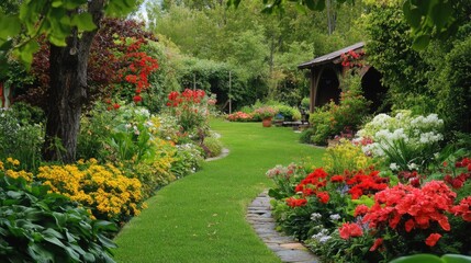 Fototapeta premium Vibrant Cottage Garden Path, Lush Greenery, Colorful Flowers, Serene Nature Scene