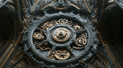 Obraz premium Intricate Clockwork Mechanism Gears Gold and Grey Architectural Detail