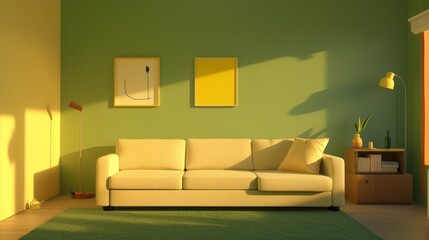 Cozy Chic: Beige Sectional Sofa and Green Accent Wall in Modern Living Room
