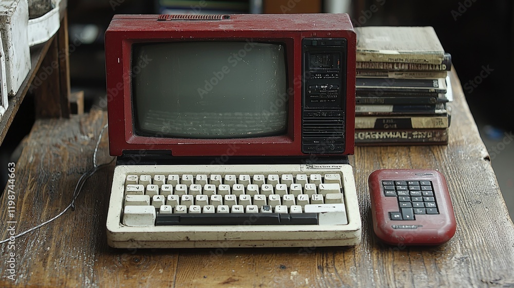 Poster vintage red computer system with old keyboard and numeric keypad