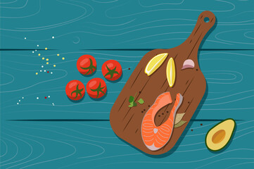Raw salmon fillet with peppercorns, tomatoes, avocado and lemon on wooden cutting board.
Salmon fillet seasoned with spices, showcased on a wooden board, reflecting freshness 
and culinary craftsmansh