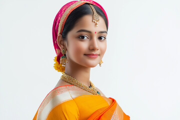 Studio portrait of a beautiful young indian woman wearing traditional orange and gold sari, jewelry, and pink headscarf smiling
