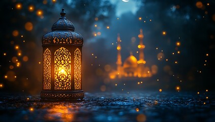 Ornamental beautiful Arabic lantern glowing at night.