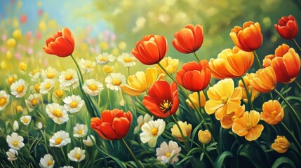 Fototapeta premium Vibrant Field of Red and Yellow Tulips and White Daisies in Full Bloom