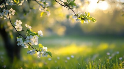 Serene Spring Landscape with Blossoming Tree and Golden Sunlight