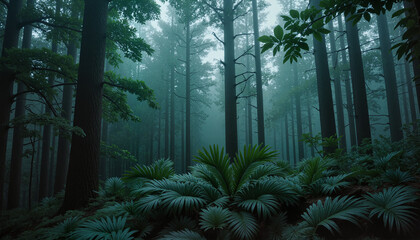 Fototapeta premium Foggy rainforest with towering trees and lush greenery, serene and mystical atmosphere
