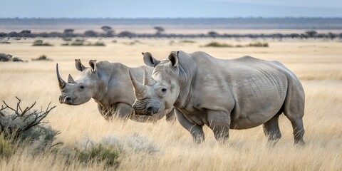 Fototapeta premium Two white rhinoceros, rhino portrait, wildlife safari and game drive in the Kalahari desert of Namibia, Africa