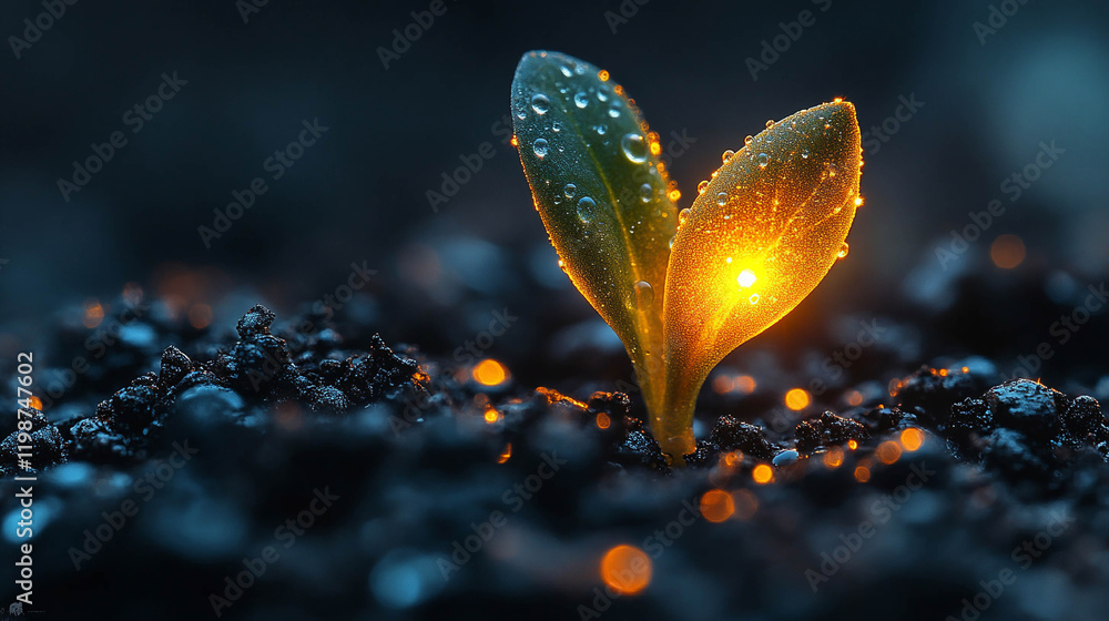 Aufkleber a macro shot of a young sprout emerging from dark soil. the sprout is illuminated from the inside wi