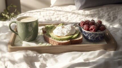 Cozy breakfast in bed with avocado toast and latte on a serene morning