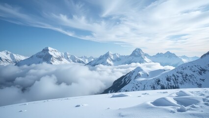 Eye-level vista of a majestic, snow-draped mountain range, viewed from a serene, snowy slope. Soft white blankets stretch into the distance under a clear sky.  