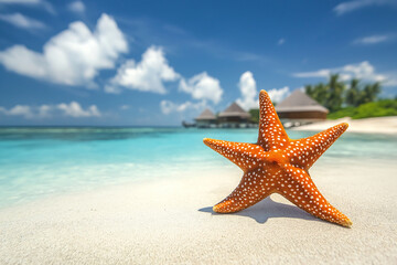 Orange starfish with white spots lying on a beautiful beach