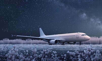 Fototapeta premium Night sky over a white airplane parked on an airport runway, Generative AI.