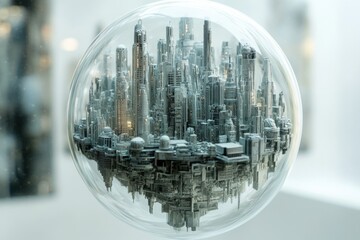 A futuristic city encased within a transparent sphere, reflecting a sense of isolation and...