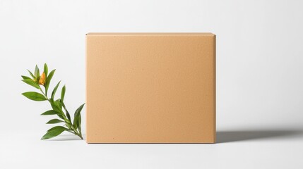 Vintage food packaging design with carton mock up concept. Brown box with green plant on a plain background
