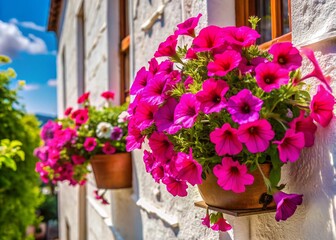 Fototapeta premium Summer Cafe Decor: Vibrant Pink Petunias in Hanging & Windowsill Pots, Sunlit