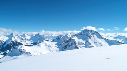 Breathtaking snow-covered mountains stretch across the landscape, with pristine white slopes cascading towards the horizon at eye level. The majestic peaks dominate the sky, inviting exploration and a