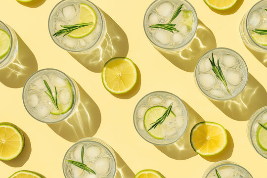 Pattern of refreshing summer cocktails with lime, rosemary, and ice on a vibrant yellow background, creating a cool and inviting scene