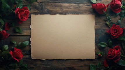 Romantic gesture red roses and blank paper invitation for valentine's day celebrating love and passion in a lovely cinematic top view