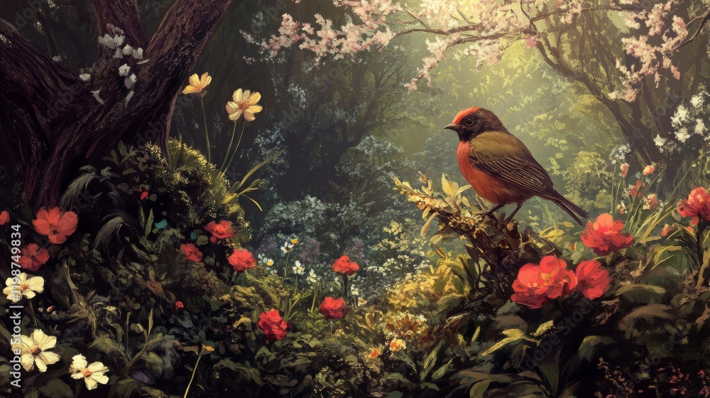 Poster enchanted forest bird in springtime bloom