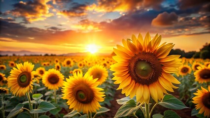 Obraz premium Sunflowers Sunset Bokeh Wallpaper - Golden Harvest Field Background