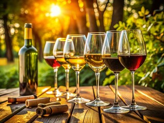Sunlight Drenched Wine Glasses & Corkscrew on Outdoor Table - Low Light Photography Stock Photo
