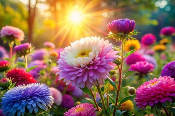 Obraz premium Sunlit Aster Garden: Vibrant Blooms & Double Exposure Floral Photography