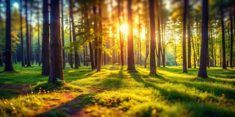 Obraz premium Sunlit Forest Glade Miniature Tilt-Shift Photography - Magical Woodland Scene